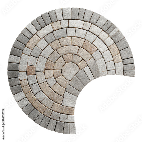 Circular Stone Pavement Design: A detailed top-down shot of a captivating, circular stone pavement design, with concentric patterns and varied shades.
