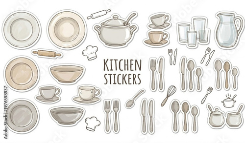 Hand drawn dishware sticker collection with plates bowls cups and cutlery in doodle vector style