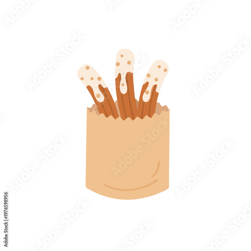 Churros dipped in white chocolate and sprinkles in paper bag, sweet gourmet snack illustration in flat vector style