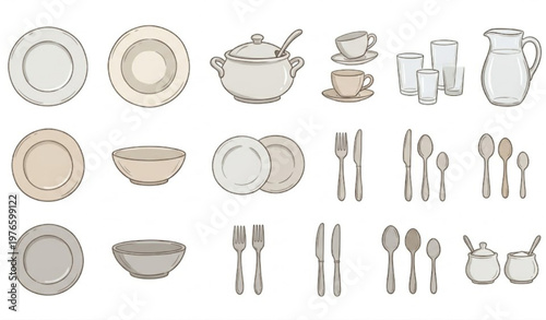 Hand drawn dinner dishware vector set with plates bowls cups and cutlery in sketch style