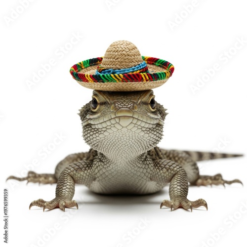 Bearded Dragon with Sombrero on White Background