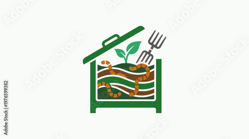 Composting Bin Icon with Worms and Tools