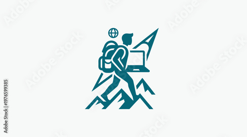 Conceptual Logo of a Person Carrying a Backpack and Laptop Climbing Mountains