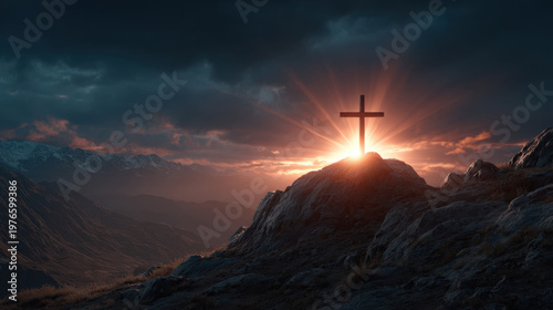 Cross mountain sunrise glowing light dramatic sky rocky peak religious symbol silhouette landscape dawn horizon spiritual hope mountain ridge sunset glow