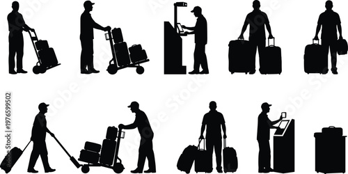 Airport traveler silhouette set luggage trolley check in kiosk passengers with suitcases isolated black vector illustration travel transportation collection design