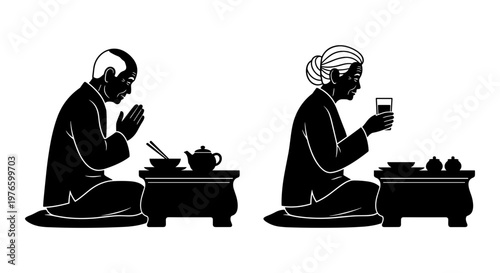 Contrast of traditional tea rituals between two elderly men from different cultures Vector, illustration