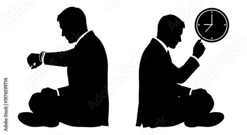 Two men checking time differently while kneeling in formal attire Vector, illustration