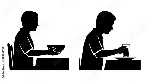 Two individuals engaged in solitary dining activities at a table. Vector, illustration