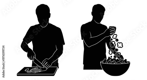 Two silhouettes illustrating food preparation and nutrient release from ingredients Vector, illustration