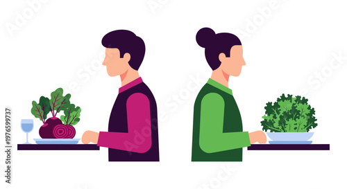 Two people exchanging fresh vegetables at a market counter Vector, illustration