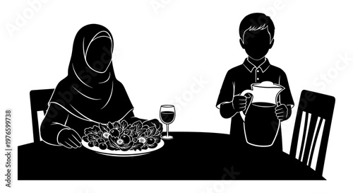 Two individuals sharing a meal together at a dining table Vector, illustration