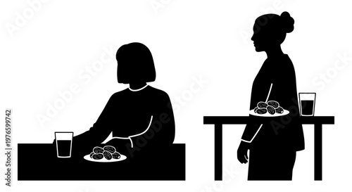 Two individuals sharing a meal at a table in a quiet, contemplative setting Vector, illustration
