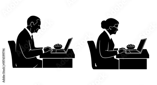 Two professionals working on laptops during a meeting with snacks on the table Vector, illustration