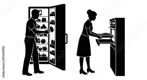 Two individuals preparing food in a modern kitchen setting with refrigerator and oven. Vector, illustration