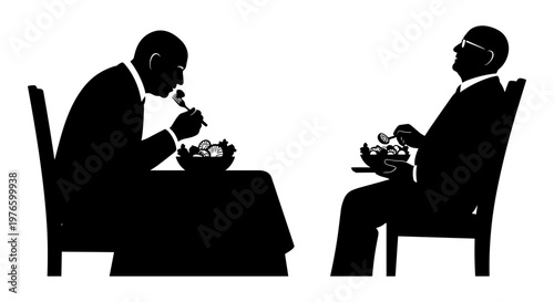 Two men having a formal meal together in a quiet setting Vector, illustration