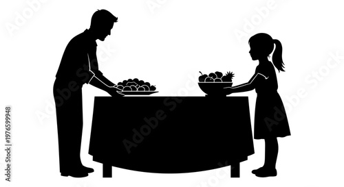 Adult and child preparing food together at a shared table Vector, illustration