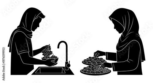Two women preparing traditional food together in a kitchen setting Vector, illustration
