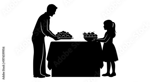 Adult and child serving fruits at a table together Vector, illustration