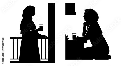 Two individuals engaged in a quiet conversation over drinks in contrasting settings Vector, illustration