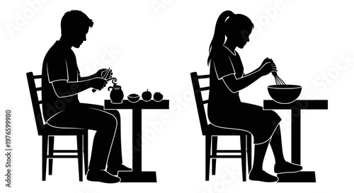 Two individuals preparing traditional food items at separate tables Vector, illustration