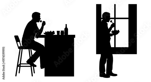 Contrast of solitude and reflection during a quiet meal and window view Vector, illustration