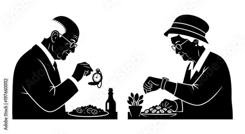 Elderly couple checking time during a shared meal together Vector, illustration