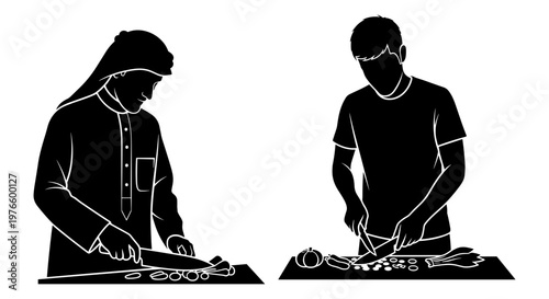 Two individuals preparing traditional and modern food items simultaneously Vector, illustration