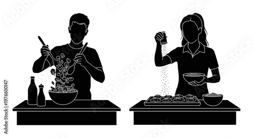Collaborative cooking scene with preparation and seasoning of a meal Vector, illustration