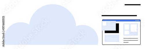 Cloud computing, data management, online storage, web development, technology integration, user interface. A cloud with a web browser interface. Cloud computing and data management concept