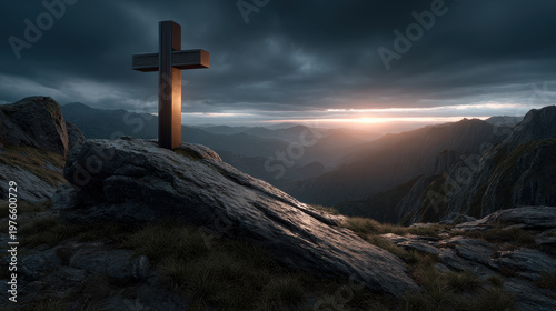 Cross mountain rock sunset sky storm landscape sunrise light valley