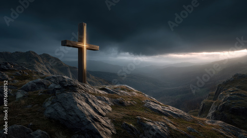 Wooden cross rocky hill stormy sky mountain valley dramatic light religious symbol lonely landscape dawn horizon