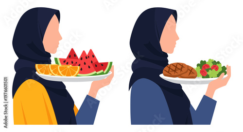 Comparing healthy food choices between two individuals carrying trays Vector, illustration