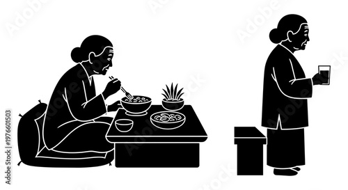 Two elderly individuals enjoying a quiet meal together in a simple setting Vector, illustration