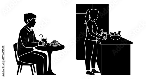 A person sitting alone at a table with food and a woman preparing food in a kitchen. Vector, illustration