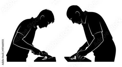 Two individuals diligently working with small handheld devices and tools. Vector, illustration