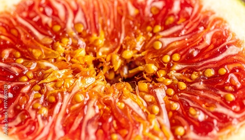 熟れたイチジクを切断した断面の種や繊維が輝く鮮やかな赤と黄のグラデーションの極限クローズアップ