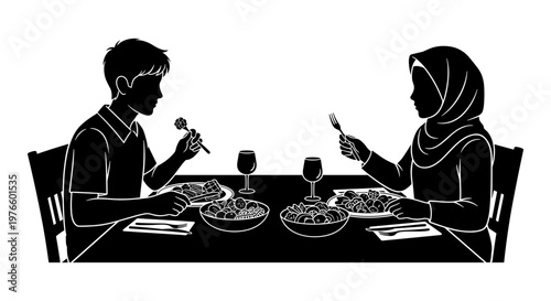 A moment of shared meal between two individuals at a dining table Vector, illustration