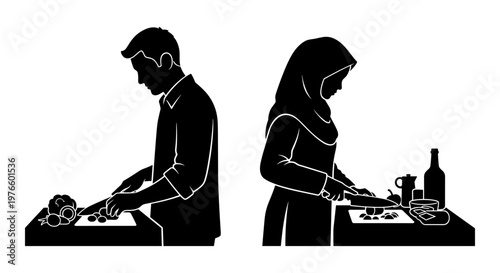 Two people preparing food together in a kitchen setting Vector, illustration