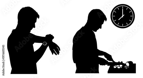 Two individuals checking time while preparing a meal together in the kitchen Vector, illustration