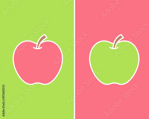 赤色と緑色のりんごのアイコンセット、フラットデザインのシンプルなフルーツイラスト素材。コントラストの効いた背景色が映えるリンゴのベクター素材。健康、オーガニック食、食育、キッチン雑貨やレシピのデザインに最適なモダンなイラスト。