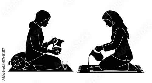 Two individuals performing wudu before prayer in a serene setting Vector, illustration