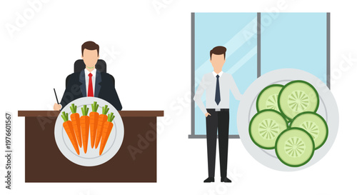 Business professional contrasting healthy food choices with unhealthy options Vector, illustration