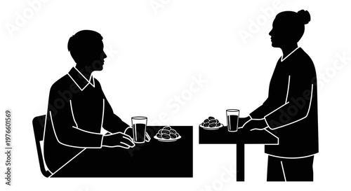 Two individuals engaging in a casual conversation over drinks and snacks at a table Vector, illustration
