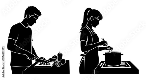 Two people collaborating to prepare a meal in a kitchen setting Vector, illustration
