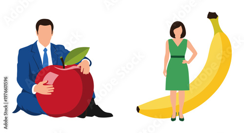 Business professional and elegant woman comparing large apple and banana Vector, illustration