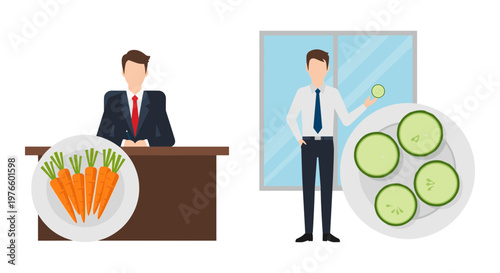 Business professional presenting contrasting food items with a formal presentation backdrop Vector, illustration