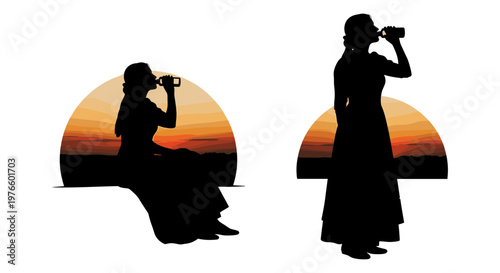 Silhouettes capturing the beauty of sunset with cameras in contrasting poses. Vector, illustration
