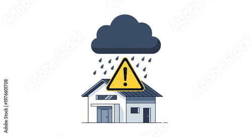 Home Weather Warning Icon A house under a storm cloud with rain and a danger sign, illustrating property risk, potential damage, and the crucial need for preparedness