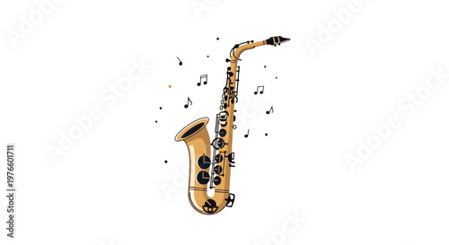 Vibrant golden saxophone illustration surrounded by musical notes, symbolizing the rich melody, jazz music, and rhythmic sound of a classic wind instrument, perfect for creative projects