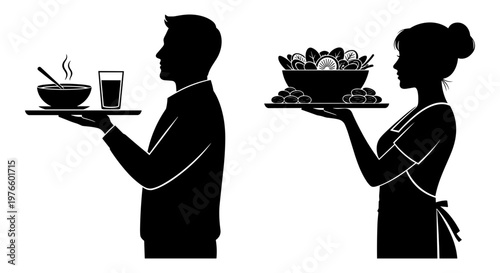 A waiter and waitress serving different dishes to patrons in a restaurant setting Vector, illustration